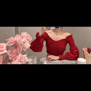 Cute princess dark red rufffle puff long sleeves cropped top blouse forever 21